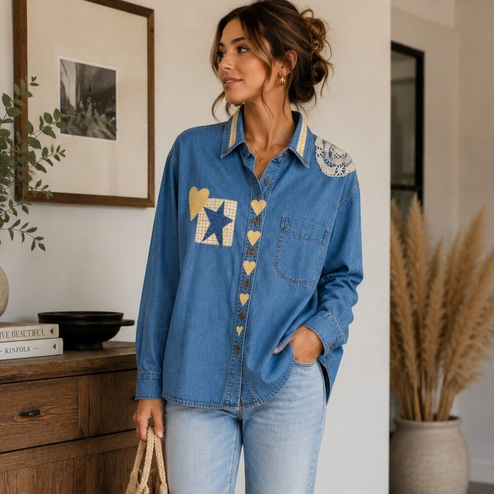 Heart & Star Three Rivers 2000 Vintage Denim Patch Shirt Size L
